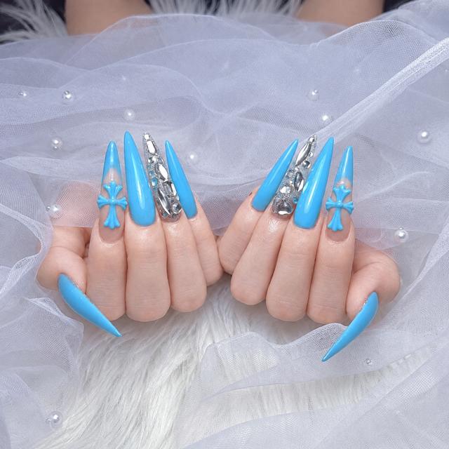 AME29 Nail ブルーのクロスとミラーストーン